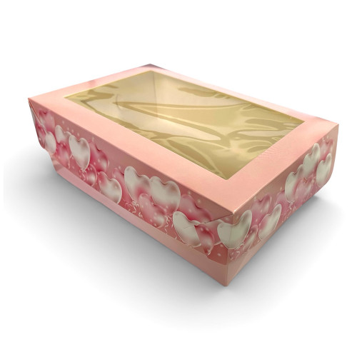 Коробка для десертов с окошком розовая с сердечками 25х17х8 см
