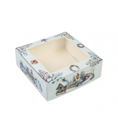 Коробка для десертов с окошком голубая Зимние пейзажи 20х20х7 см