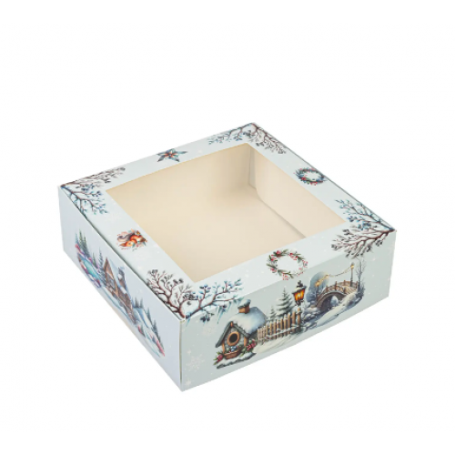 Коробка для десертів з віконцем блакитна Зимові пейзажі 20х20х7 см