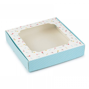 Коробка для пряников с окошком голубая, Цветочки, 150*150*30 мм