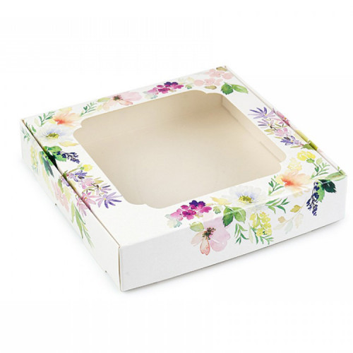 Коробка для пряников с окошком белая, с цветочным принтом, 150*150*30 мм