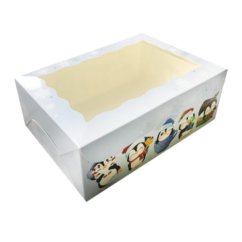 Коробка для капкейков с окошком на 6 шт голубая Пингвины 17х25х9 см