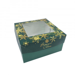 Коробка с окошком для капкейков, десертов, бенто 17х17х9 см. Темно-зеленая Веселых праздников