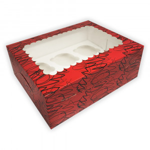 Коробка для капкейков с окошком на 6 шт Красная с чернилами
