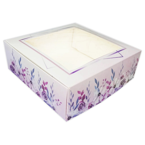 Коробка для десертів з віконцем, 20*20*7 см, Фіолетова з квітами