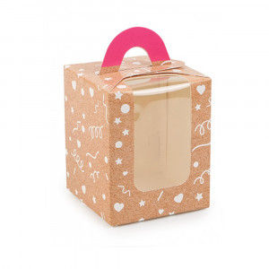 Коробка для капкейков на 1 шт с Розовой ручкой Узор крафт