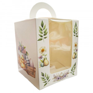 Коробка для кулича С цыпленком бежевая с окошком 16х16х20 см