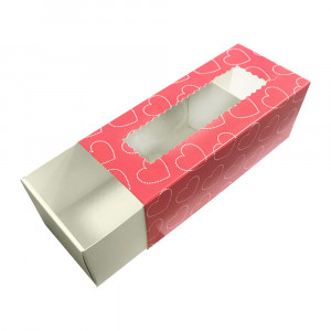 Коробка для макаронс с окошком розовая в сердечки
