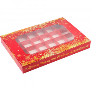 Коробка для 24 конфет с окошком Новогодняя красная 27х18.5х3 см