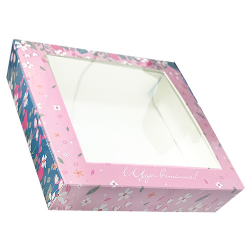 Коробка для пряников с окошком розовая Щирі вітання 200х200х30 мм