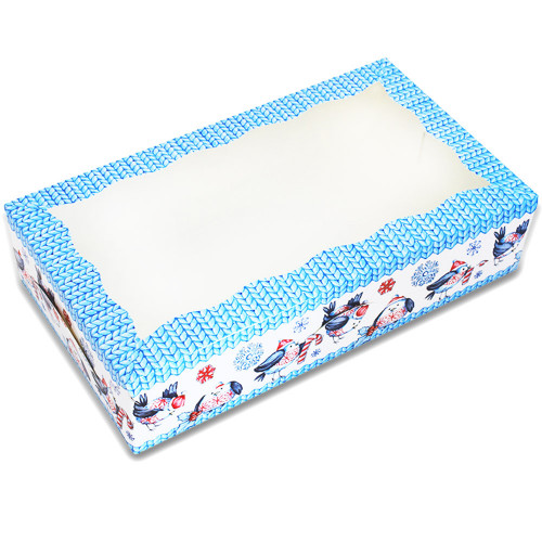 Коробка для десертов с окошком, Зимние птички, голубая