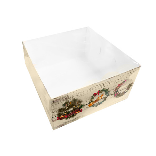 Коробка с прозрачной крышкой, 16*16*8 см, Новогодняя с веночками