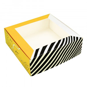 Коробка для десертів з віконцем, 20*20*7 см, Жовта з смужками