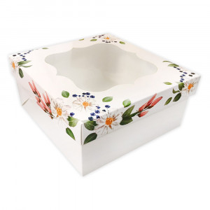 Коробка для капкейков с окошком на 4 шт, белая с цветочным принтом