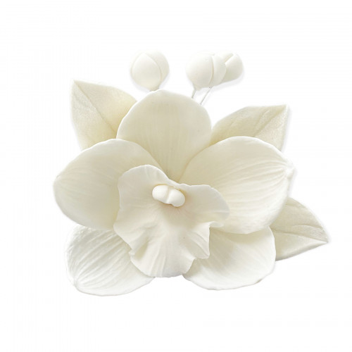 Сахарное украшение Орхидея с листиками Белая