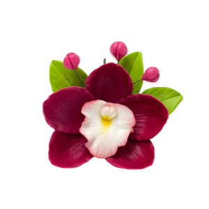 Сахарное украшение Орхидея с листиками Бордовая