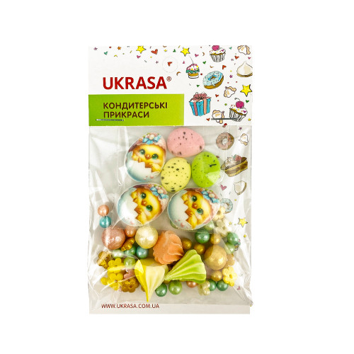 Набір цукрових прикрас Писанки, безе та посипка в жовтих відтінках Украса