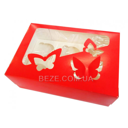 Коробка для капкейків з метеликами на 6 шт, червона