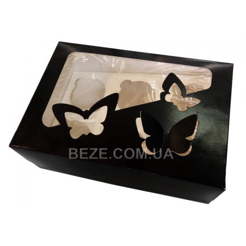 Коробка для капкейків з метеликами на 6 шт, чорна